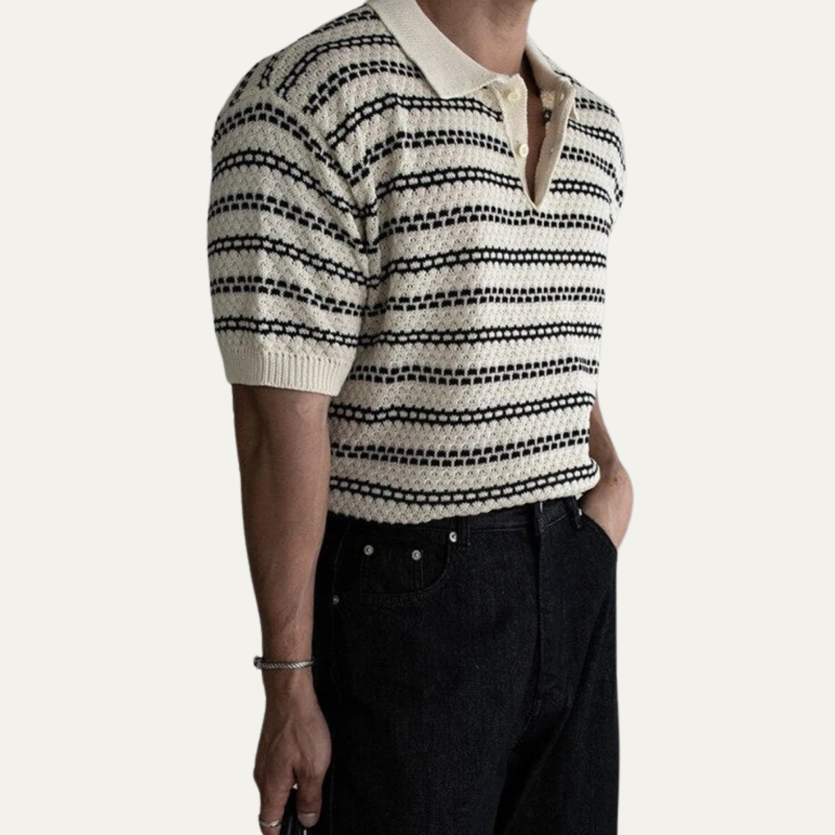 Men's Striped Polo Shirt Turn Down Collar Knit