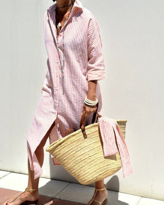 Women's Striped Midi Dress Cotton Button Front Collar - 
Fashinoza