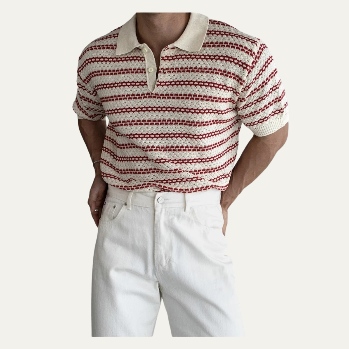 Men's Striped Polo Shirt Turn Down Collar Knit