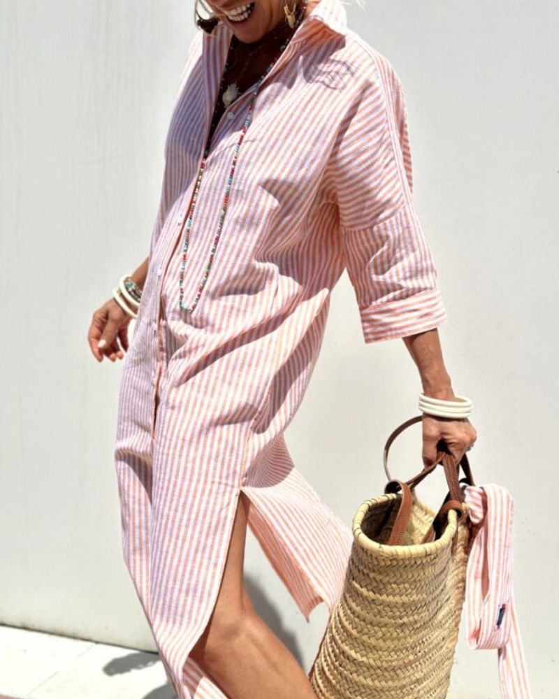Women's Striped Midi Dress Cotton Button Front Collar