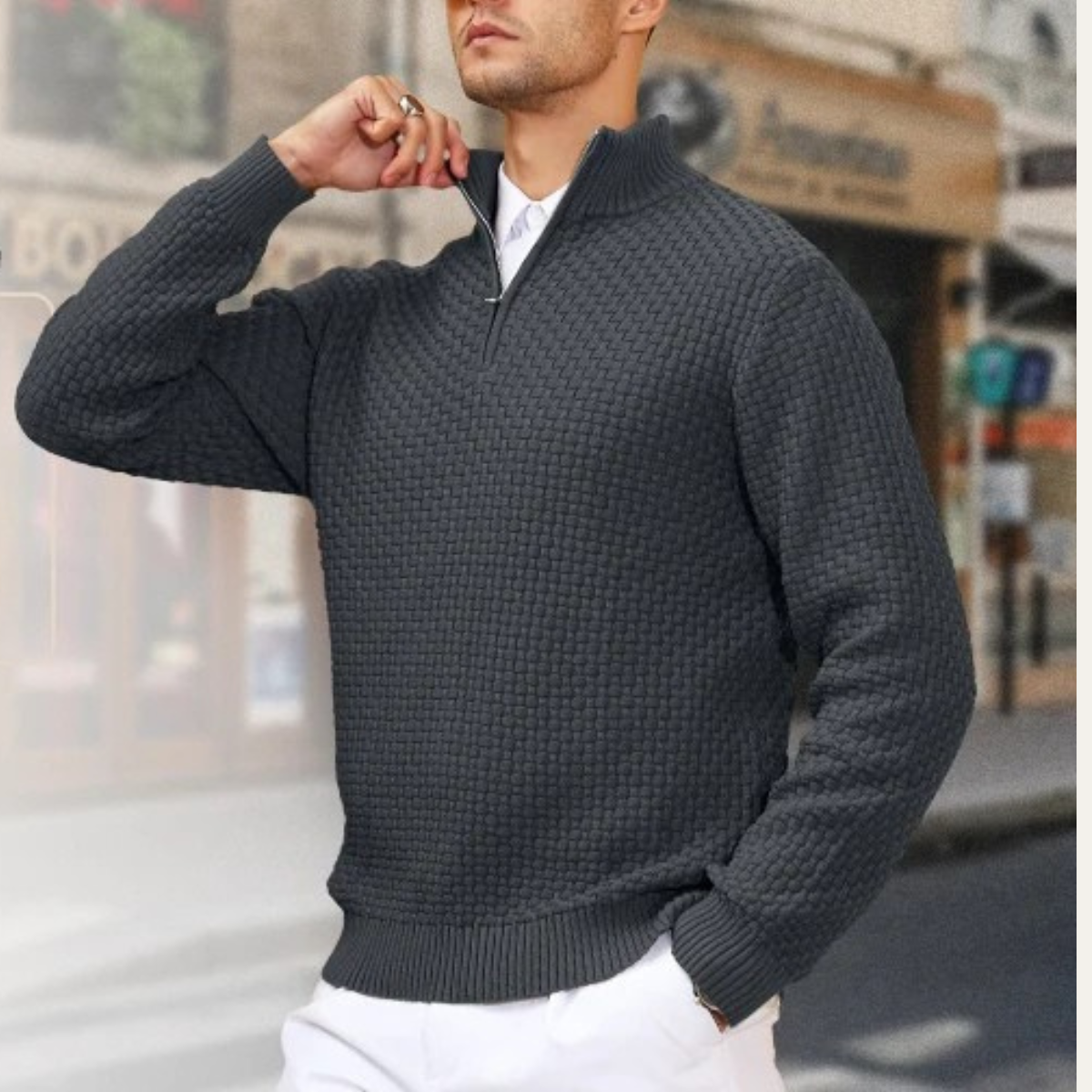Men's Knitted Sweater Warm Half Zip Winter Beige