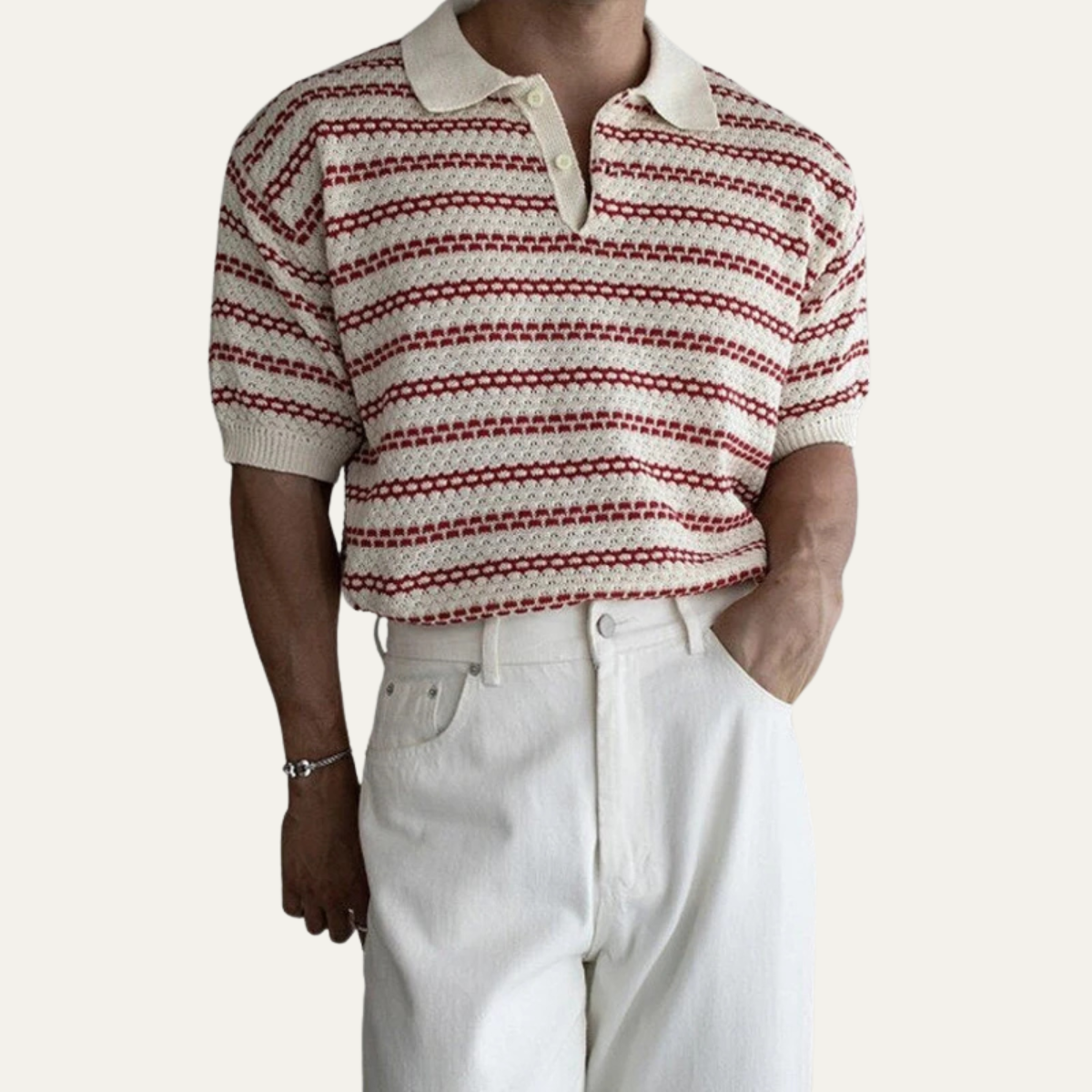 Men's Striped Polo Shirt Turn Down Collar Knit