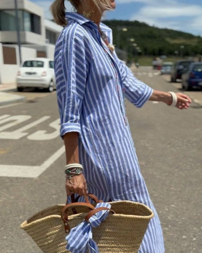Women's Striped Midi Dress Cotton Button Front Collar