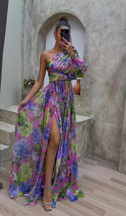 Women's One-Shoulder Maxi Dress Side Slit - Fashinoza