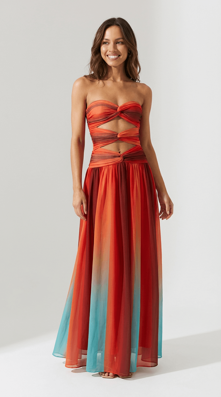Women's Strapless Red Maxi Dress - 
Fashinoza