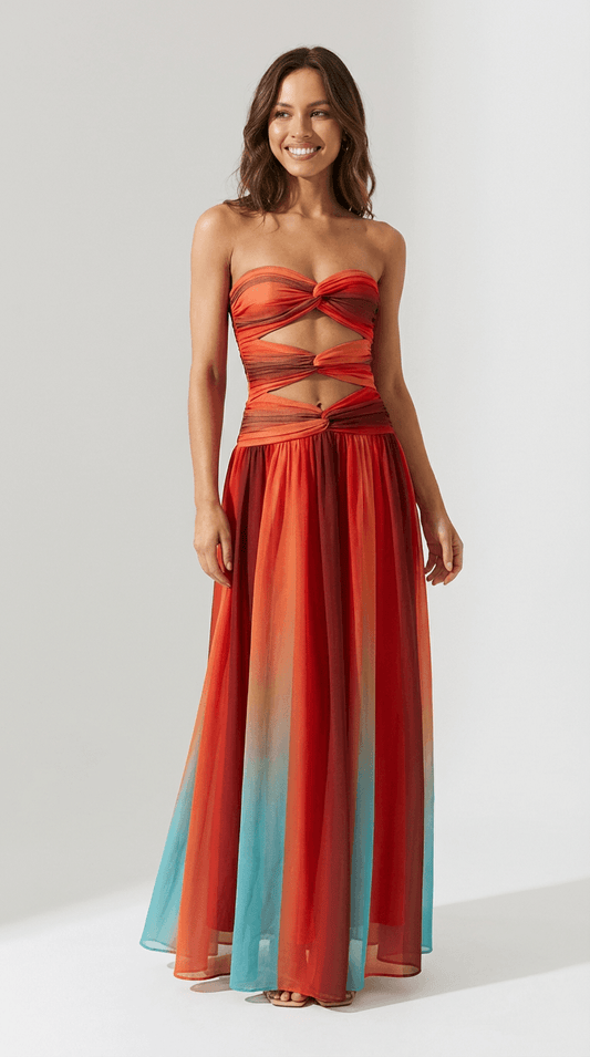 Women's Strapless Red Maxi Dress - 
Fashinoza
