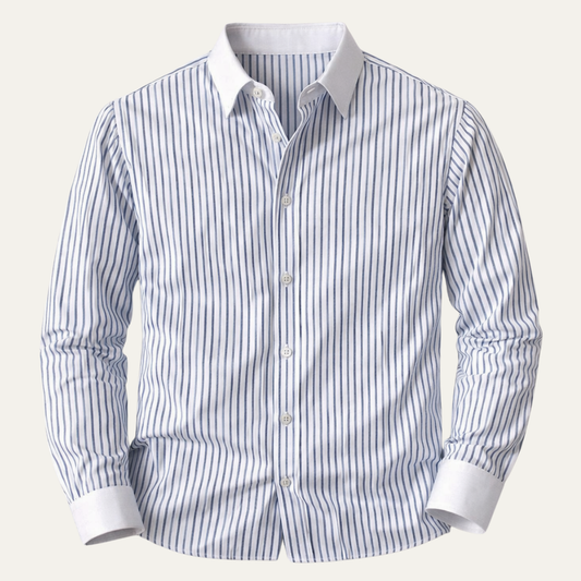 Men's Classic Dress Shirt Blue Stripe Cotton Formal - Fashinoza