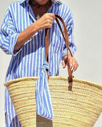 Women's Striped Midi Dress Cotton Button Front Collar