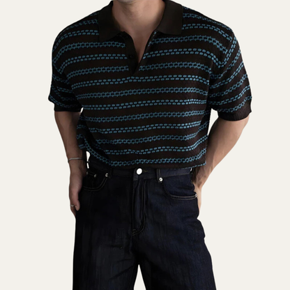 Men's Striped Polo Shirt Turn Down Collar Knit