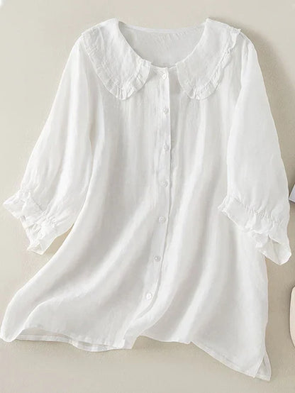 Women's Cotton Linen Blouse Ruffle Neck Relaxed Fit - Fashinoza