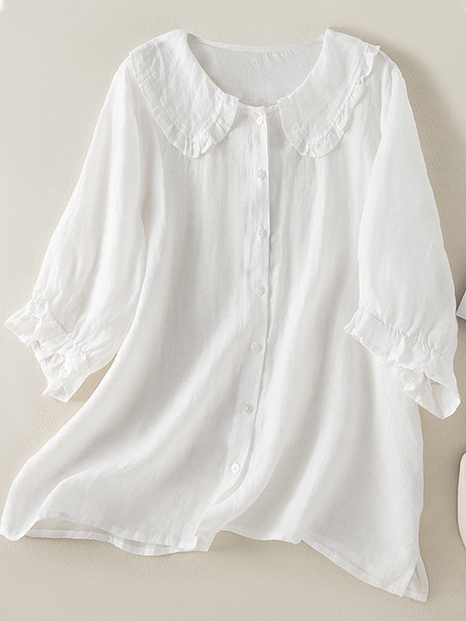 Women's Linen Tunic Ruffled Collar Beige