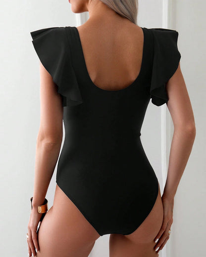 Women's One-Piece Swimsuit V-Neck Mesh Panel Ruffle Sleeves