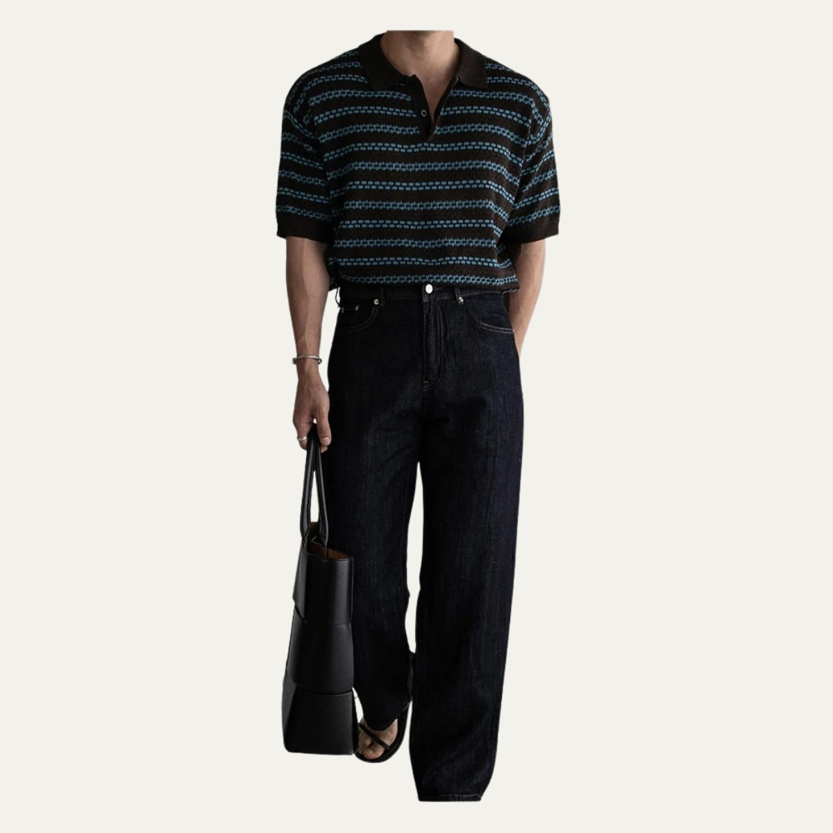 Men's Striped Polo Shirt Turn Down Collar Knit