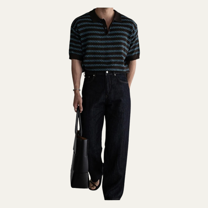 Men's Striped Polo Shirt Turn Down Collar Knit