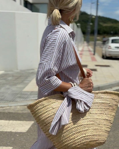Women's Striped Midi Dress Cotton Button Front Collar