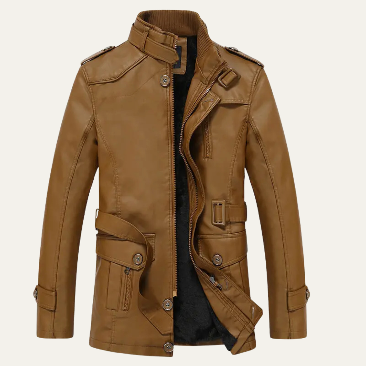 Men's Classic Leather Jacket With Belt - Fashinoza