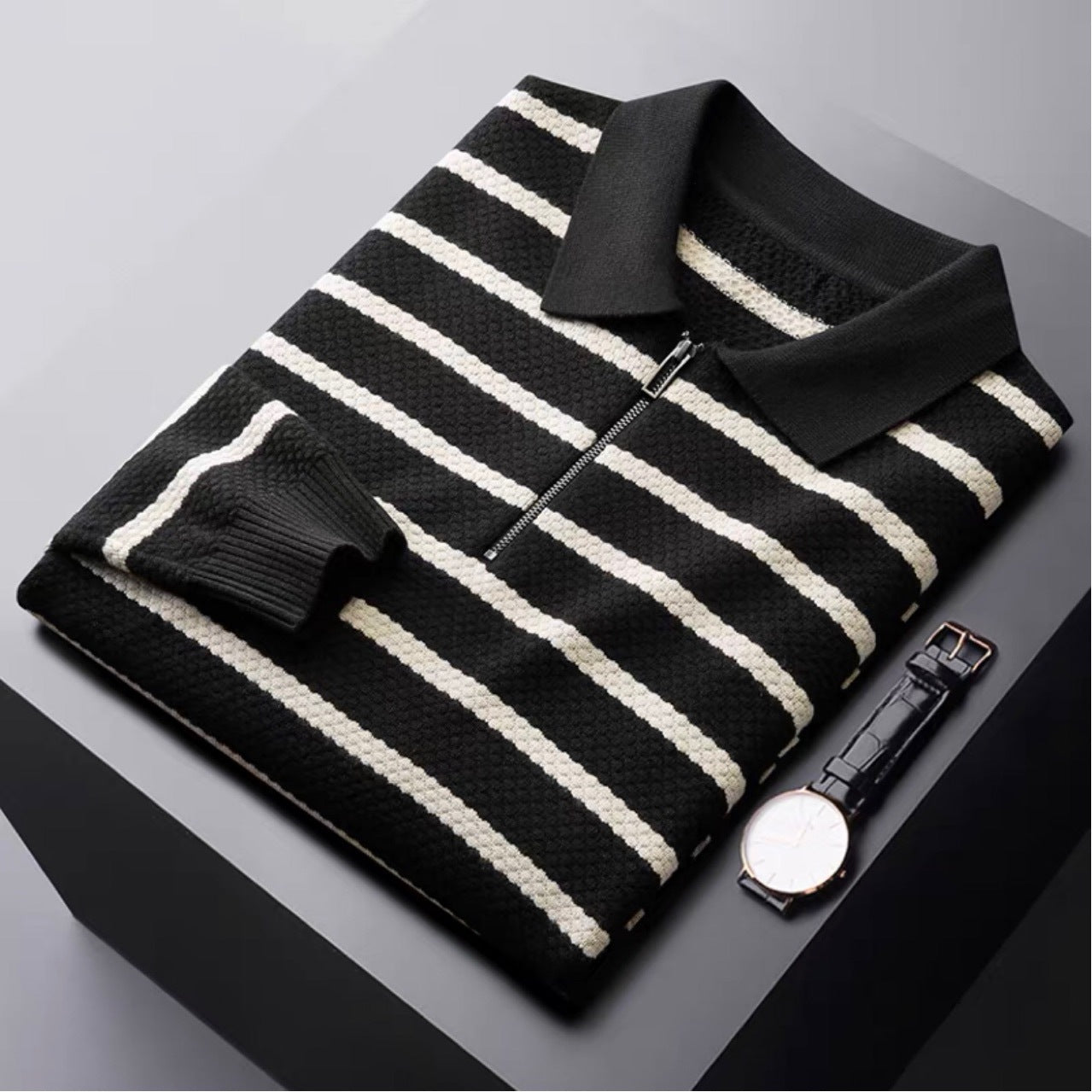 Men's Striped Polo Shirt Half-Zip Cotton - 
Fashinoza