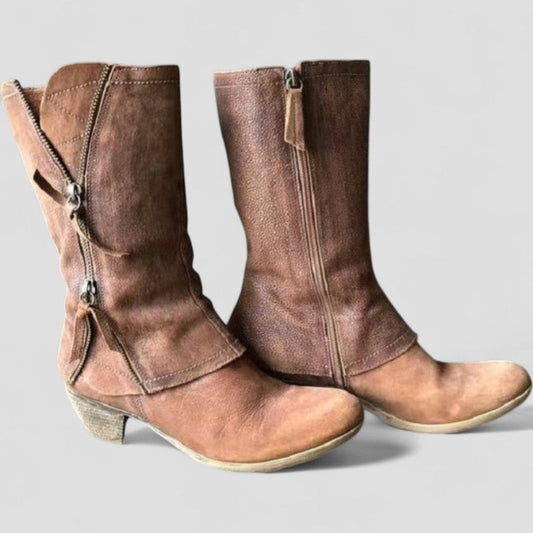 Women's Mid Calf Cowgirl Boots Leather Zipper Block Heel Brown - Fashinoza