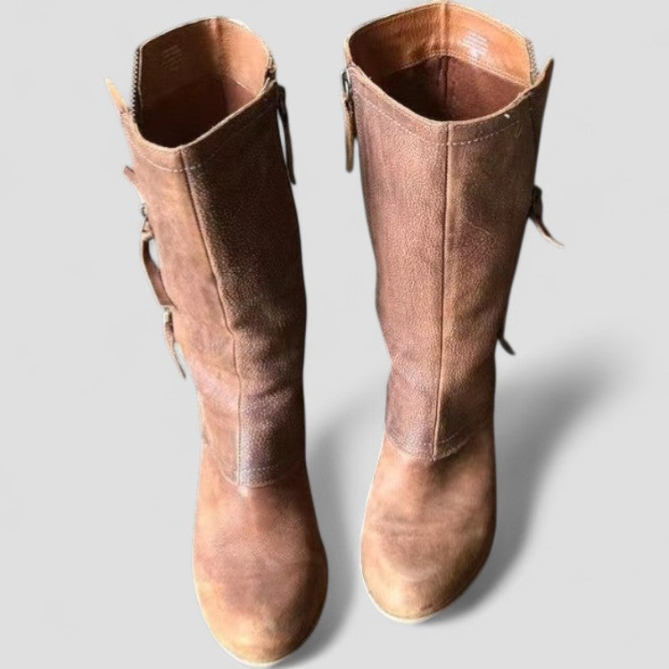 Women's Mid Calf Cowgirl Boots Leather Zipper Block Heel Brown