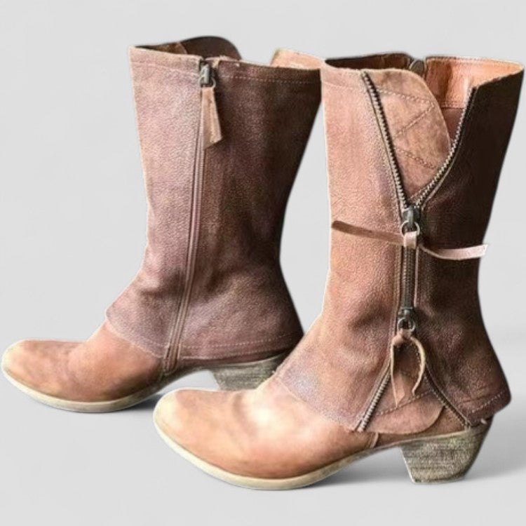 Women's Mid Calf Cowgirl Boots Leather Zipper Block Heel Brown