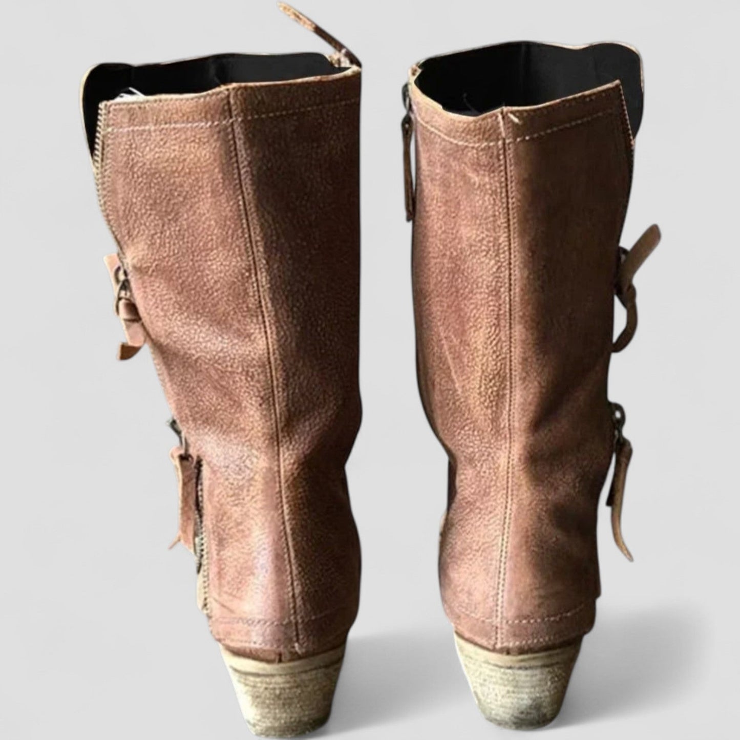 Women's Mid Calf Cowgirl Boots Leather Zipper Block Heel Brown