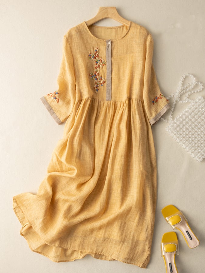 Women's Embroidered Midi Dress Cotton Half Sleeves Contrast Trim - 
Fashinoza
