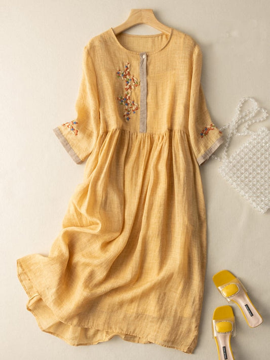Women's Embroidered Midi Dress Cotton Half Sleeves Contrast Trim - 
Fashinoza