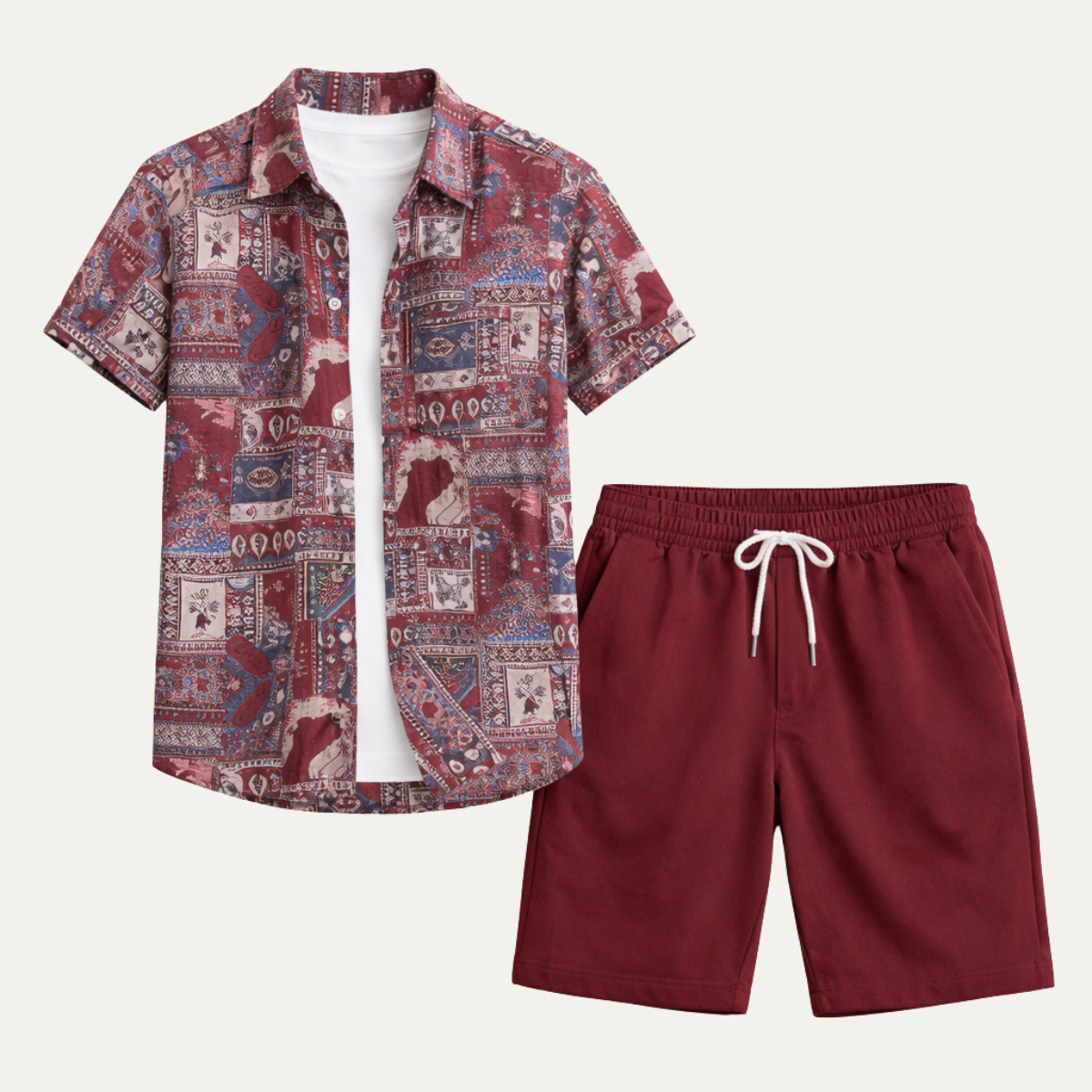 Men's Vintage Print Shirt And Shorts Set - Fashinoza