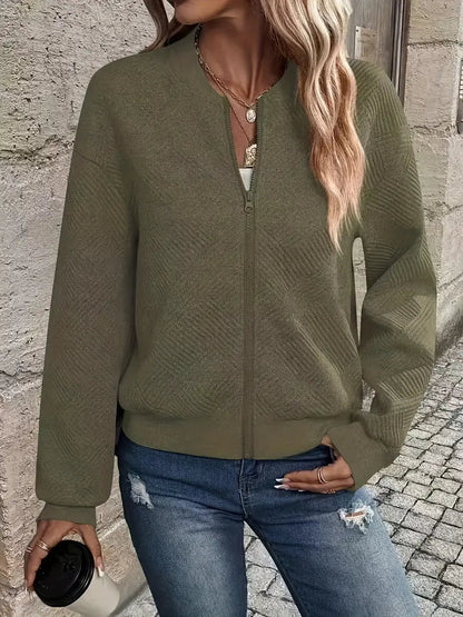 Women's Zip-Up Cardigan Textured Ribbed Hem Long Sleeves