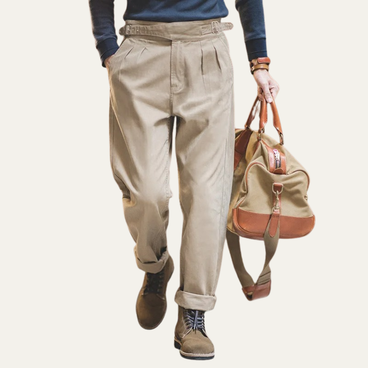 Men's High Waisted Cargo Pants Vintage Style Cotton Tan