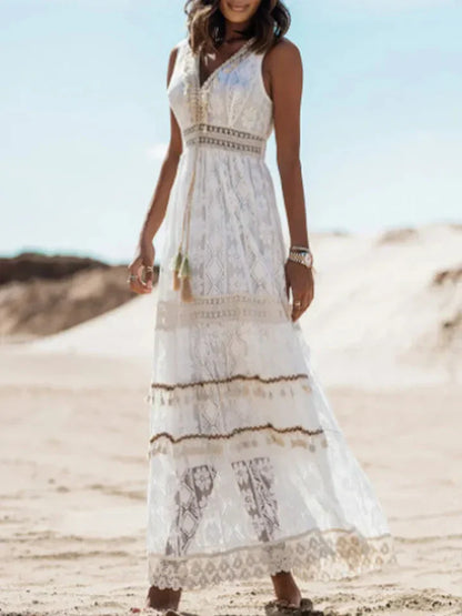 Women's Bohemian Lace Maxi Dress Flared Sleeves