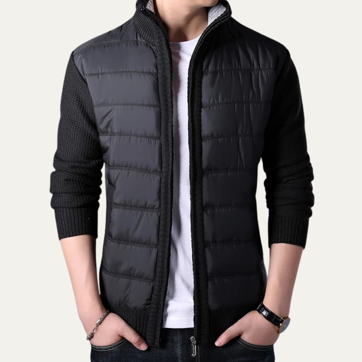 Men's Winter Puffer Jacket Zip Up Knit Sleeve