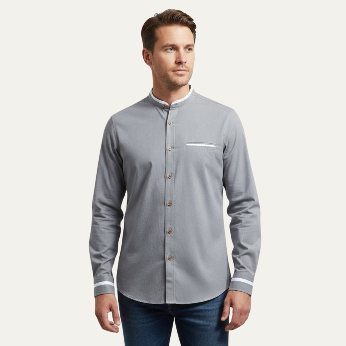 Men's Business Button Up Shirt Standing Collar Cotton White