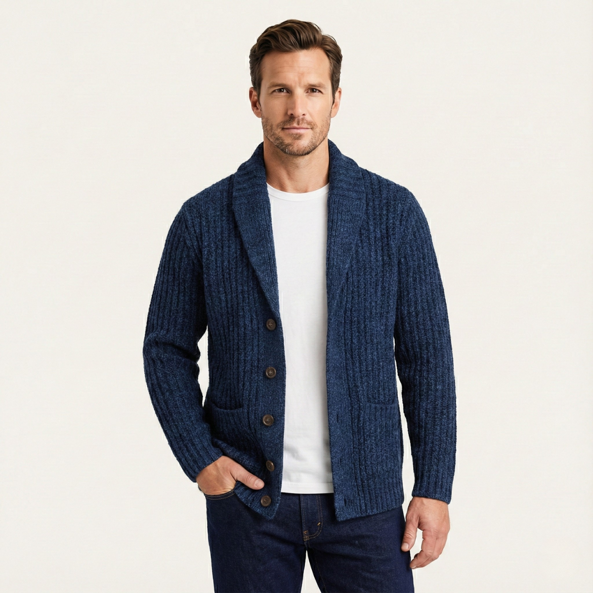 Men's Chunky Knit Cardigan Shawl Collar