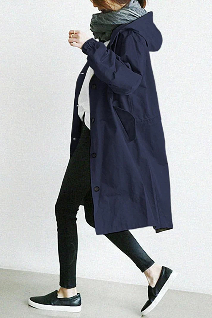 Women's Hooded Trench Coat Oversized Cotton Button Front Beige