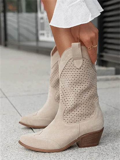 Men's Cowboy Boots Mid-Calf Leather Low Heel
