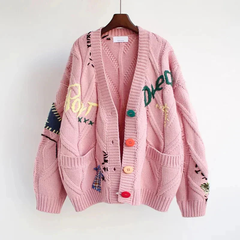 Women's Knitted Cardigan V-Neck Patchwork Embroidery