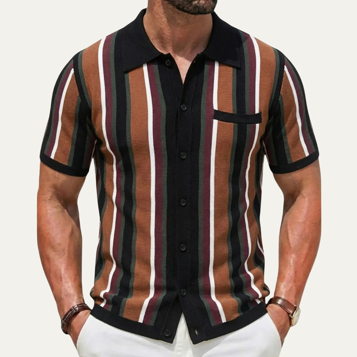 Men's Striped Polo Shirt Knit Retro Style