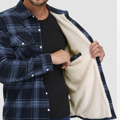 Men's Flannel Shirt Jacket Fleece Lined Cotton Warm Brown