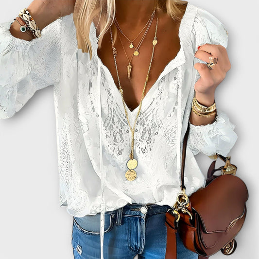 Women's Lace V-Neck Long Sleeve Blouse - Fashinoza