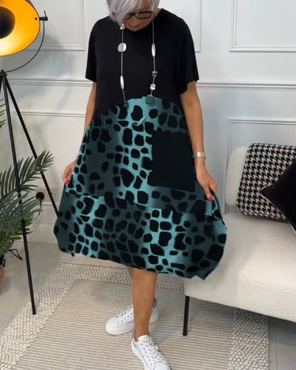 Relaxed Patchwork Midi Dress with Pockets