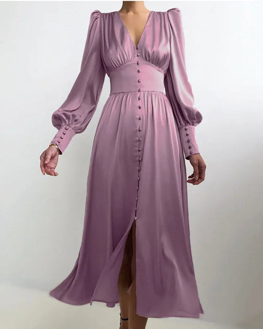 Women's Satin V-Neck Maxi Dress - Fashinoza