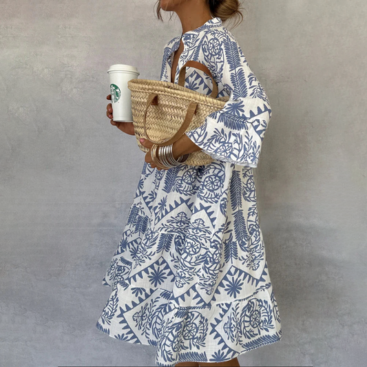 Women's Boho Print V-Neck Swing Dress - Fashinoza