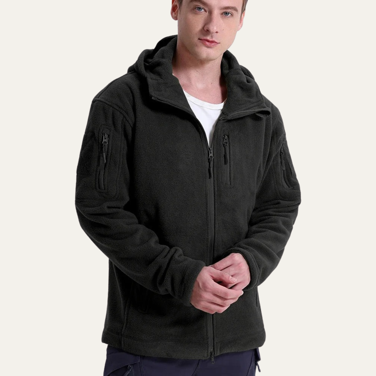 Men's Tactical Fleece Jacket With Hood And Pockets