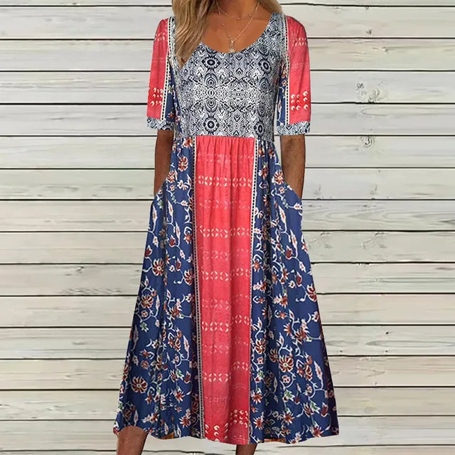 Women's Bohemian Print Dress Round Neckline