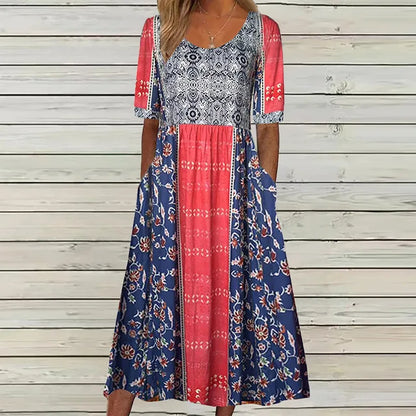 Women's Bohemian Print Dress Round Neckline