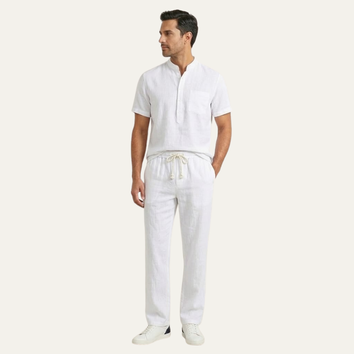Mens Cotton Linen Polo Shirt And Pants Set Lightweight