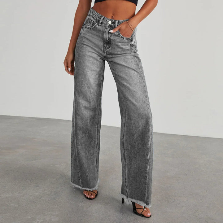 Women's Wide Leg Jeans Frayed Hem Dark Blue