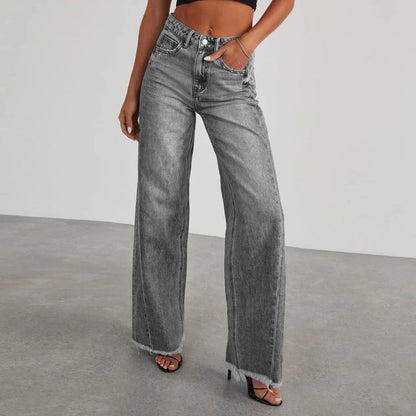 Women's Wide Leg Jeans Frayed Hem Dark Blue