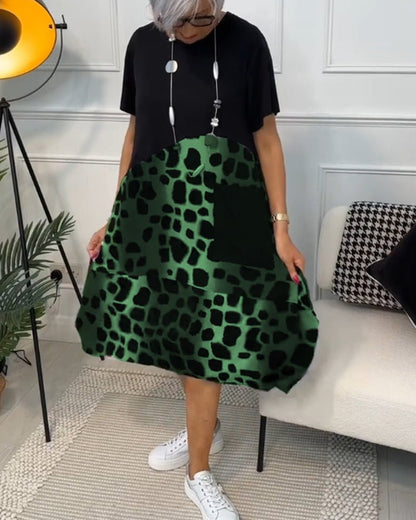Relaxed Patchwork Midi Dress with Pockets
